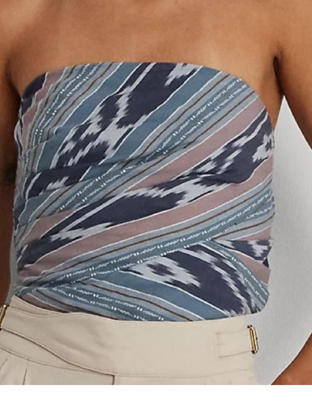 Lauren Ralph Lauren 16 Top Geo-Stripe Cotton Strapless Blouse in Navy Multi NWT